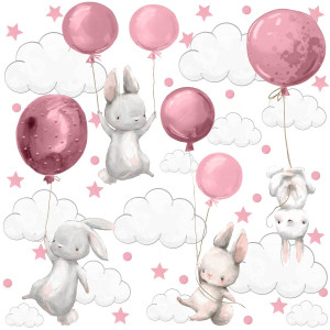 Naklejki Ścienne Dla Dzieci Króliczki Różowe 60x30 Balony Chmurki ZESTAW