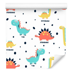 Tapeta do pokoju dziecka kolorowe dinozaury kropki
