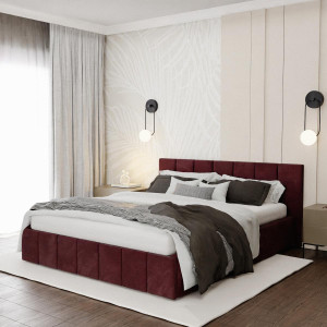Łóżko tapicerowane 140x200 premium z pojemnikiem do sypialni bordowe wezgłowie 107 cm