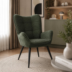 Fotel VIA tapicerowany wypoczynkowy 69x63x89 cm do salonu biura nogi czarne, szenil zielony