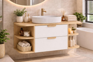 Szafka łazienkowa z umywalką 100 cm z blatem Aster White zestaw regał otwarty wisząca gładka biała dąb cremona do łazienki