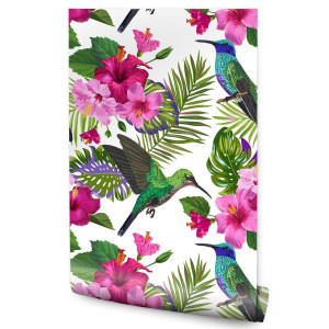 Tapeta Do Salonu Kolorowe KOLIBRY Liście Kwiaty 53x1000