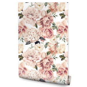 Tapeta Do Sypialni Różowe KWIATY Róże Peonie Hortensje Styl Vintage