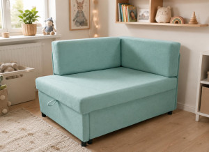 Łóżko dziecięce Viluś 106x75x80 sofa narożnik jednoosobowy do pokoju z funkcją spania i przechowywania dla dzieci miętowy