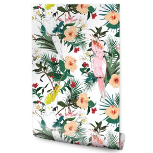 Tapeta Do Salonu TROPIKALNE Kwiaty Papugi Natura