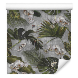 Tapeta Kwiaty ORCHIDEI Liście Motyle Efekt Betonu