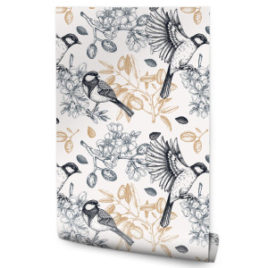 Tapeta Do Kuchni SIKORKI Ptaki Kwiaty Orzechy Styl Retro Natura Rośliny