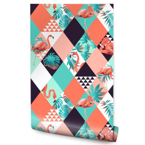 Tapeta FLAMINGI Geometria Liście Tropikalne Ozdoba 53x1000