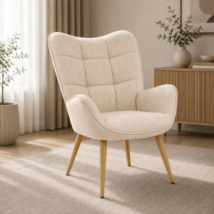 Fotel VIA tapicerowany wypoczynkowy 69x63x89 cm do salonu biura nogi dąb beżowy