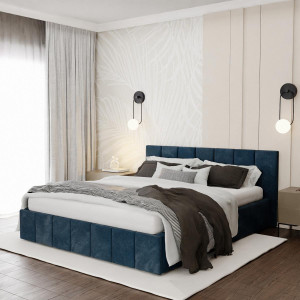 Łóżko tapicerowane 160x200 premium z pojemnikiem do sypialni granatowe wezgłowie 107 cm