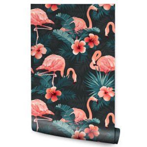 Tapeta Do Salonu FLAMINGI Różowe Kwiaty Liście 3D 53x1000