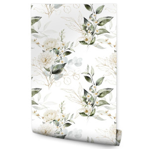 Tapeta Do Sypialni Delikatne Białe PIWONIE Kwiaty Liście Natura Styl Boho
