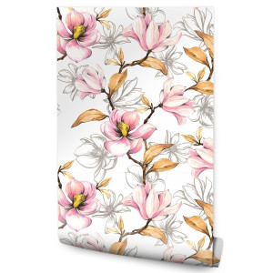 Tapeta w Rolce 10m MAGNOLIE Liście Kwiaty Akwarela