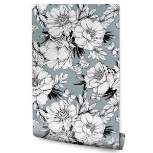 Tapeta w Rolce Czarno-Białe KWIATY Motyle Natura 53x1000