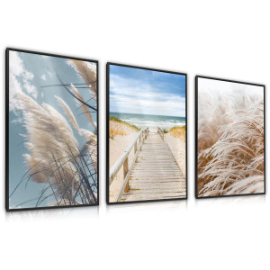 ZESTAW 3x Plakat W Ramie TRAWA Plaża Morze Wydmy Pomost Styl Boho 30x40cm
