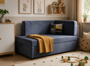 Sofa rozkładana dziecięca Viluś 106x75x80 cm narożnik jednoosobowy do pokoju z funkcją spania i przechowywania dla dzieci grafit