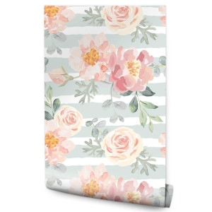 Tapeta Ścienna Pastelowe KWIATY Peonie Róże Liście 53x1000