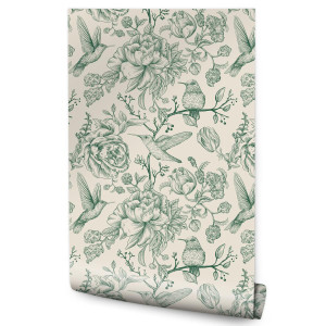 Tapeta Do Sypialni KOLIBRY Ptaki Piwonie Kwiaty Natura Styl Retro