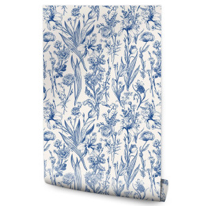 Tapeta Do Sypialni Delikatne NIebieskie KWIATY Natura Liście Styl Retro