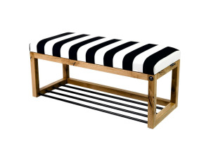 Siedzisko do przedpokoju LPG-4 50x35x45 cm ławka tapicerowana nogi naturalne dąb lite drewno tkanina w pasy czarno-biała
