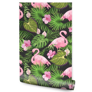 Tapeta Tropikalna - Flamingi, Liście i Kwiaty 53x1000