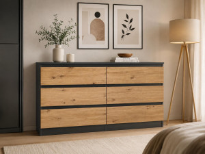 Komoda 120 cm mega cena MARTUSIA 78,5x120x40 cm z 6 szufladami dąb artisan antracyt do salonu i sypialni
