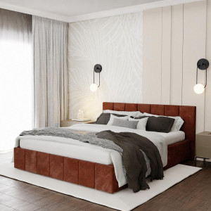 Łóżko tapicerowane 160x200 premium z pojemnikiem do sypialni miodowe wezgłowie 107 cm