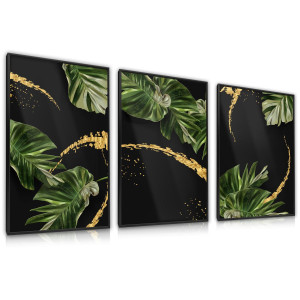 Zestaw 3x Plakat W Ramie LIŚCIE TROPIKALNE Natura Efekt 3D 60x80cm