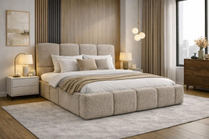Łóżko tapicerowane VELLA 140x200 cm ze stelażem i pojemnikiem boucle do sypialni beżowe
