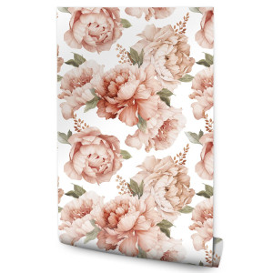 Tapeta W Rolce Różowe PIWONIE Kwiaty Natura Styl Boho Liście