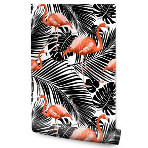 Tapeta Do Salonu Czarne EGZOTYCZNE Liście Flamingi 53x1000