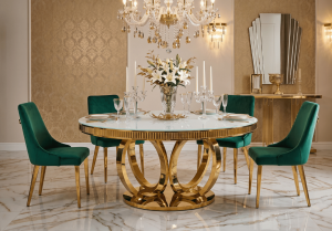 Stół okrągły glamour ze szklanym blatem i złotą podstawą – elegancki stół do jadalni i salonu 150x150 cm