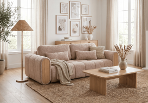 Sofa z drewnianymi bokami z funkcją spania MODERO 245x103 cm