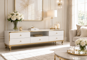 Komoda RTV szklana Honduras 170x50x40 cm biała glamour złota