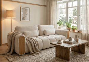 Sofa z drewnianymi bokami z funkcją spania MODERO 245x103 cm