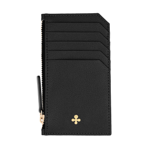 Card holder skórzany gładki w kolorze czarnym z wytłoczoną koniczyną