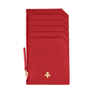 Card holder skórzany w kolorze czerwonym z wytłoczoną koniczyną