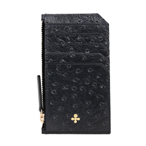 Card holder czarny we wzór skóry strusia z wytłoczoną koniczyną
