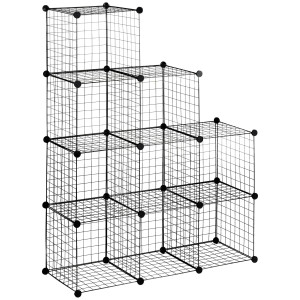 Homcom Mobile Libreria Salvaspazio per Giocattoli, Vestiti, Libri e Soprammobili, 9 Cubi in Rete con Pannelli in Acciaio e PP, 35x35x35 cm, Nero Aosom