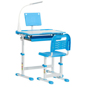 Homcom Scrivania per Bambini con Sedia Regolabile per Età 6-12 Anni Piano Inclinabile a 45 Gradi con Lampada LED Acciaio e MDF Blu Aosom