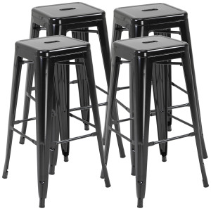 Homcom Set di 4 Sgabelli Alti con Poggiapiedi e Piedini Antiscivolo 76cm, in Metallo, Nero Aosom