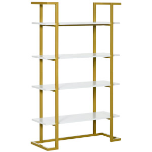 Homcom Scaffale Libreria a 4 Livelli in MDF e Acciaio, Mobile Libreria con Base Rialzata, 92x35x152cm, Bianco e Oro   Aosom Italy