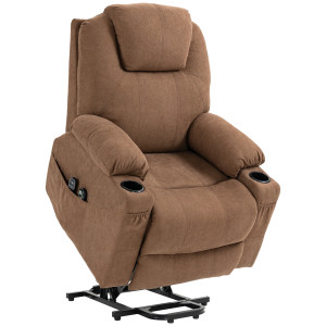 Homcom Poltrona Alzapersona Massaggiante a 8 Punti con Telecomando, in Tessuto Effetto Lino, 90x101x107 cm, Caffè Aosom