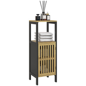 Homcom Mobiletto Bagno con Ripiano Aperto e Armadietto, in MDF e Bambù, 32x30x90.5 cm, Nero e color Legno Aosom