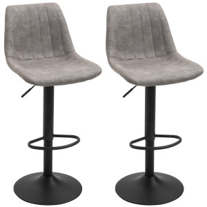 Homcom Set di 2 Sgabelli Alti con Schienale, Poggiapiedi, Base Rotonda in Metallo e Altezza Regolabile, in Microfibra, Grigio   Aosom Italy