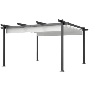 Outsunny Gazebo Pergola 4x4 m con Tettuccio Retrattile, 8 Viti e 8 Picchetti in Alluminio, Poliestere e Metallo, Bianco