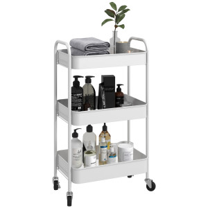 Homcom Carrello da Cucina a 3 Livelli con Maniglie e 4 Rotelle, in Acciaio, 45x30.6x79 cm, Bianco Aosom