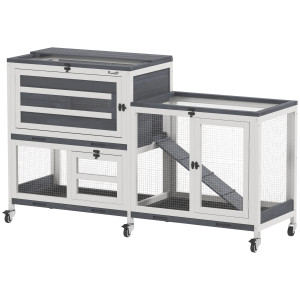 Pawhut Conigliera a 2 Livelli con Rampa e 3 Vassoi, in Legno di Abete e Acciaio, 147x45x89.5 cm, Grigio e Bianco