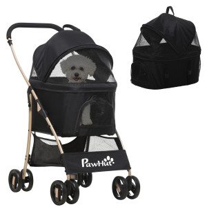 Pawhut Passeggino per Cani Pieghevole con Trasportino Rimovibile e Tettuccio, 82x49.5x98cm, Nero Aosom