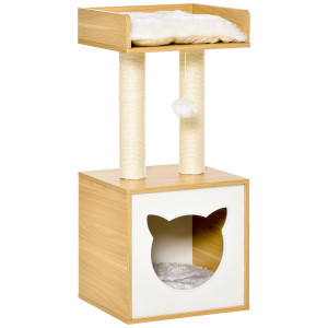 Pawhut Casetta per Gatti con Pali Tiragraffi in Sisal, Cuccia e Lettino con Cuscini Lavabili e Pallina, 35x35x81cm, Rovere Aosom